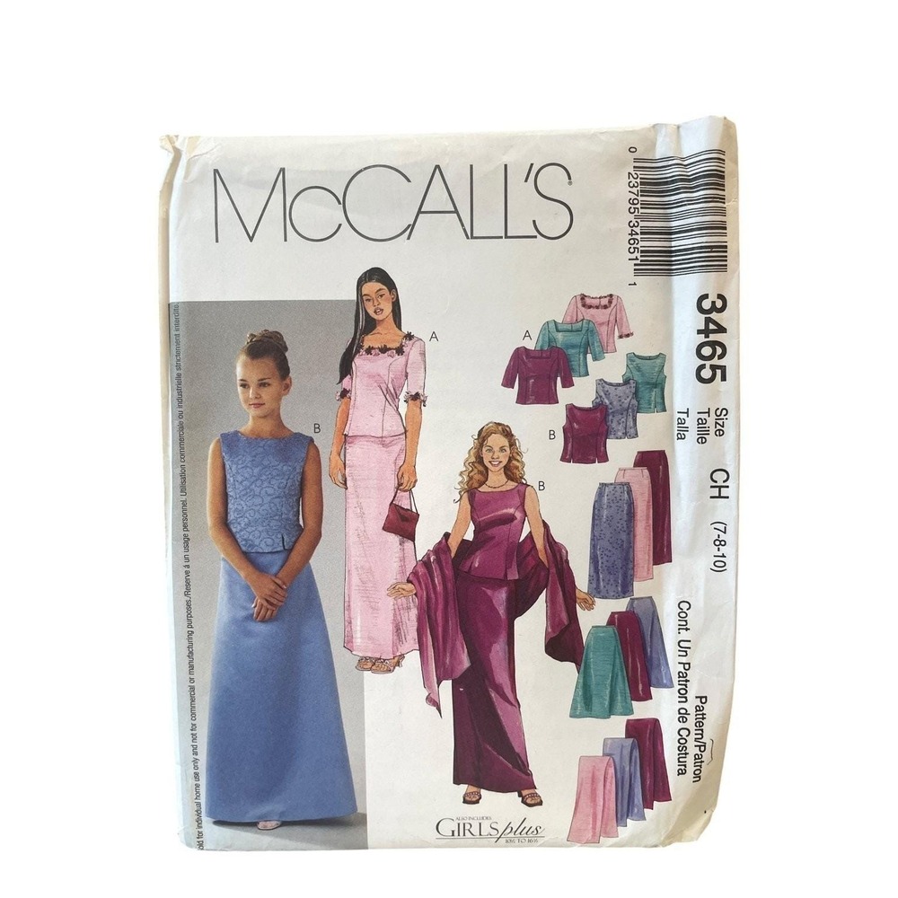 McCall's 3465 Girls Plus Tops Skirts Stole CH (7-8-10) Y2K Formal Dance